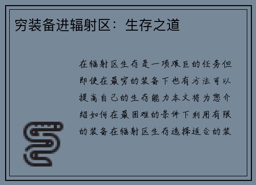 穷装备进辐射区：生存之道